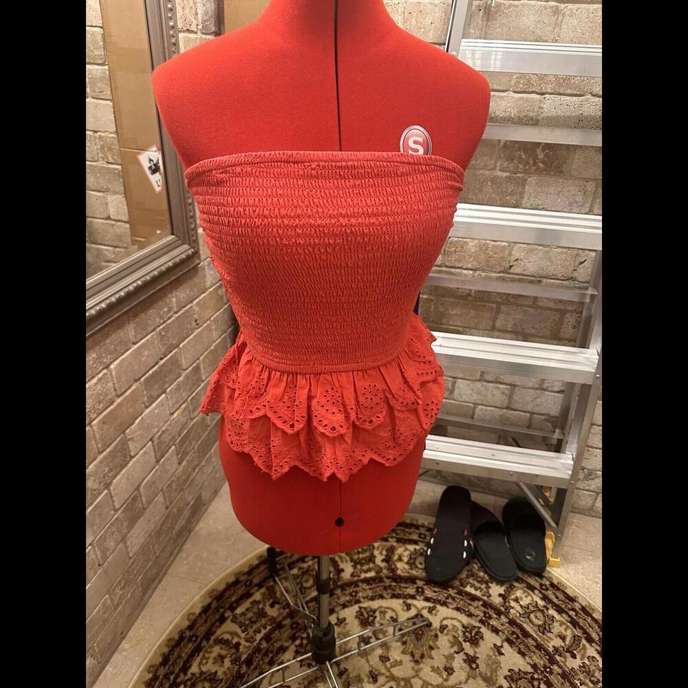 Women’s Red Strapless Shirt With Ruffles Size XS